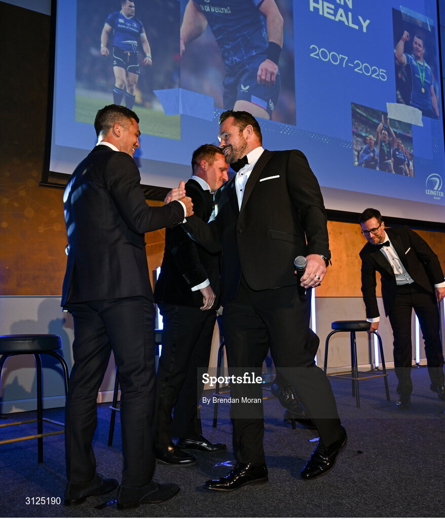 6 May 2025; Cian Healy, right, and Eoin O’Malley during the Leinster Rugby awards ball 2025 at O'Reilly Hall in UCD, Dublin. Photo by Brendan Moran/Sportsfile