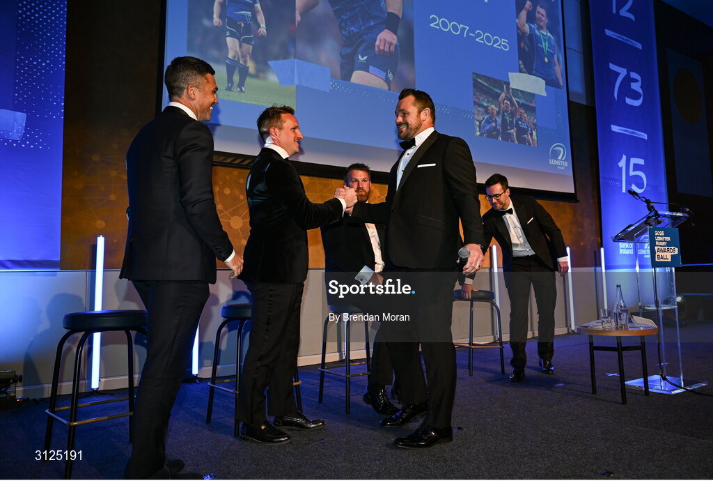 6 May 2025; Cian Healy with Eoin O’Malley, Paul O’Donoghue and Seán O’Brien during the Leinster Rugby awards ball 2025 at O'Reilly Hall in UCD, Dublin. Photo by Brendan Moran/Sportsfile