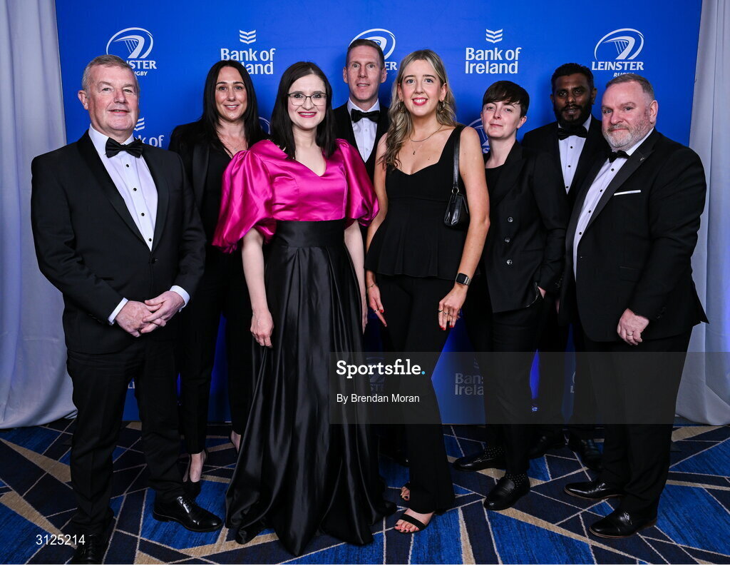 6 May 2025; Representatives from BEST menswear, from left, Keith Perry, Lyndsey Clancy, Isabella Lelic, Vincent Nally, Grace McCleary, Tara Grehan, Kervin Arlendoo, Seamus McNally during the Leinster Rugby awards ball 2025 at O'Reilly Hall in UCD, Dublin. Photo by Brendan Moran/Sportsfile
