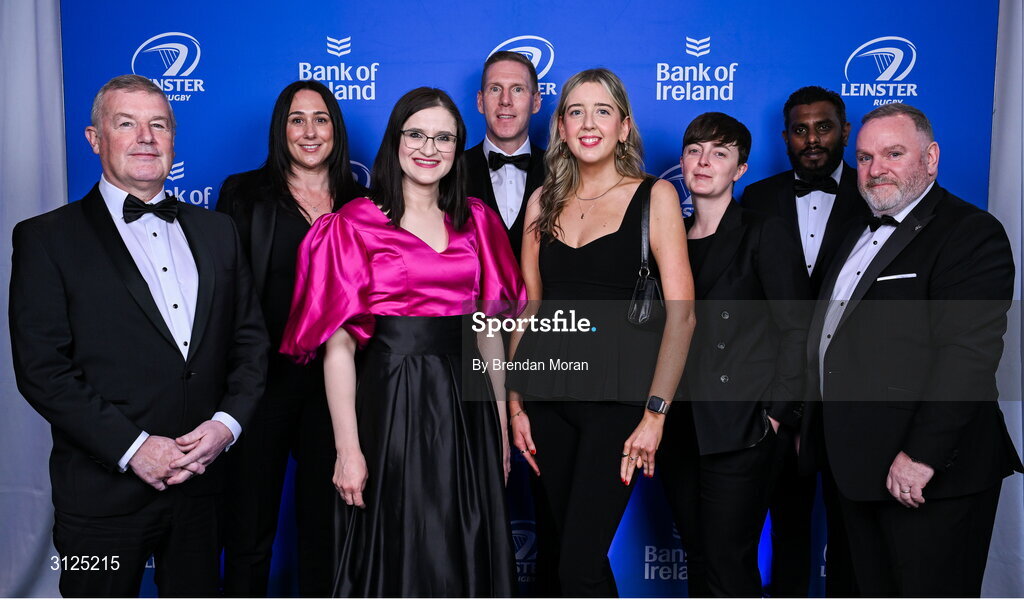 6 May 2025; Representatives from BEST menswear, from left, Keith Perry, Lyndsey Clancy, Isabella Lelic, Vincent Nally, Grace McCleary, Tara Grehan, Kervin Arlendoo, Seamus McNally during the Leinster Rugby awards ball 2025 at O'Reilly Hall in UCD, Dublin. Photo by Brendan Moran/Sportsfile