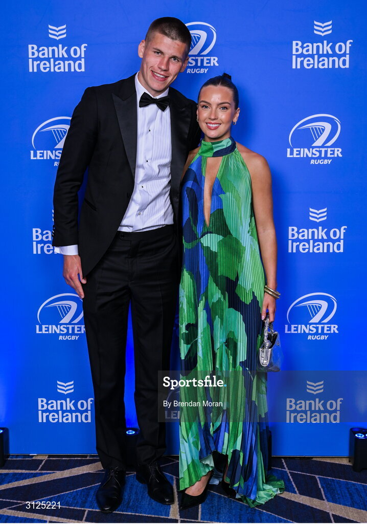 6 May 2025; Sam Prendergast and Anna Walsh during the Leinster Rugby awards ball 2025 at O'Reilly Hall in UCD, Dublin. Photo by Brendan Moran/Sportsfile