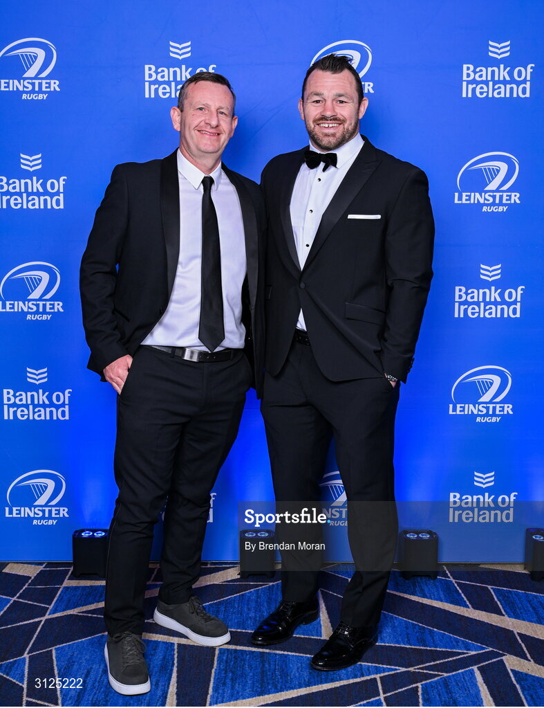 6 May 2025; Gafyn Cooper, left, and Cian Healy during the Leinster Rugby awards ball 2025 at O'Reilly Hall in UCD, Dublin. Photo by Brendan Moran/Sportsfile