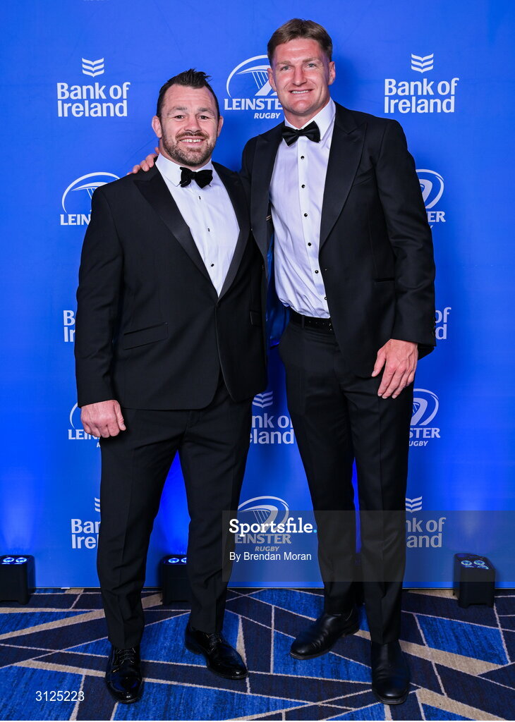 6 May 2025; Cian Healy, left, and Jordie Barrett during the Leinster Rugby awards ball 2025 at O'Reilly Hall in UCD, Dublin. Photo by Brendan Moran/Sportsfile