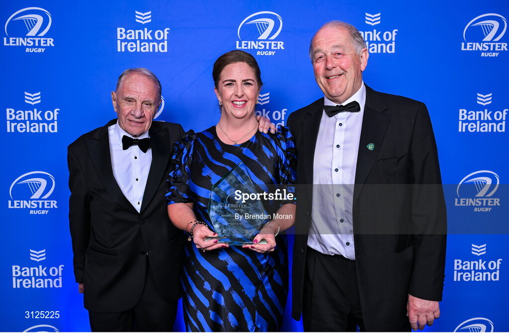 6 May 2025; Pat Fitzgerald, Longford Rugby Club president Karen Lennon and Derek Turner during the Leinster Rugby awards ball 2025 at O'Reilly Hall in UCD, Dublin. Photo by Brendan Moran/Sportsfile