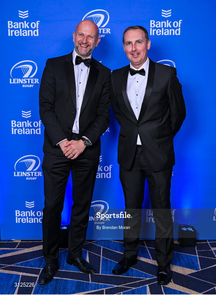 6 May 2025; Alan Connolly, left, and Fintan McGrogan during the Leinster Rugby awards ball 2025 at O'Reilly Hall in UCD, Dublin. Photo by Brendan Moran/Sportsfile