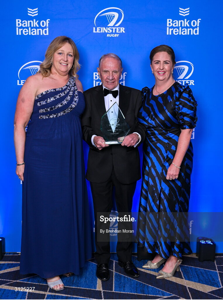 6 May 2025; Pauline Marlowe, left, Pat Fitzgerald and Longford Rugby Club president Karen Lennon during the Leinster Rugby awards ball 2025 at O'Reilly Hall in UCD, Dublin. Photo by Brendan Moran/Sportsfile
