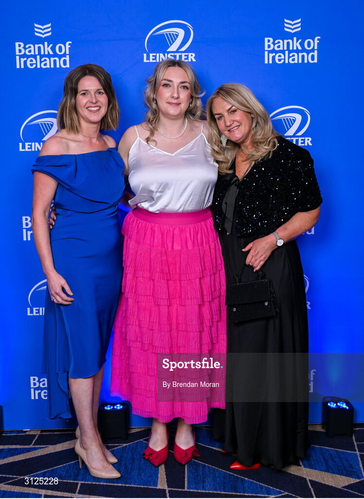 6 May 2025; Deirdre Lyons, Emma Borrows and Sinead McAleese during the Leinster Rugby awards ball 2025 at O'Reilly Hall in UCD, Dublin. Photo by Brendan Moran/Sportsfile