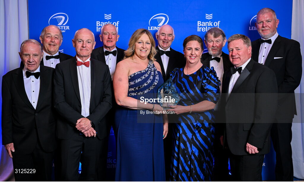 6 May 2025; Longford Rugby club members after being named Rhino Junior Club of the Year, from left, Pat Fitzgerald, Derek Turner, Derek Carthy, past president Tony Headen, Pauline Marlowe, chairperson Mike McGann, president Karen Lennon, trustee Warren Turner, referee co-ordinator Trevor McHugh, vice president Mark Quinn during the Leinster Rugby awards ball 2025 at O'Reilly Hall in UCD, Dublin. Photo by Brendan Moran/Sportsfile