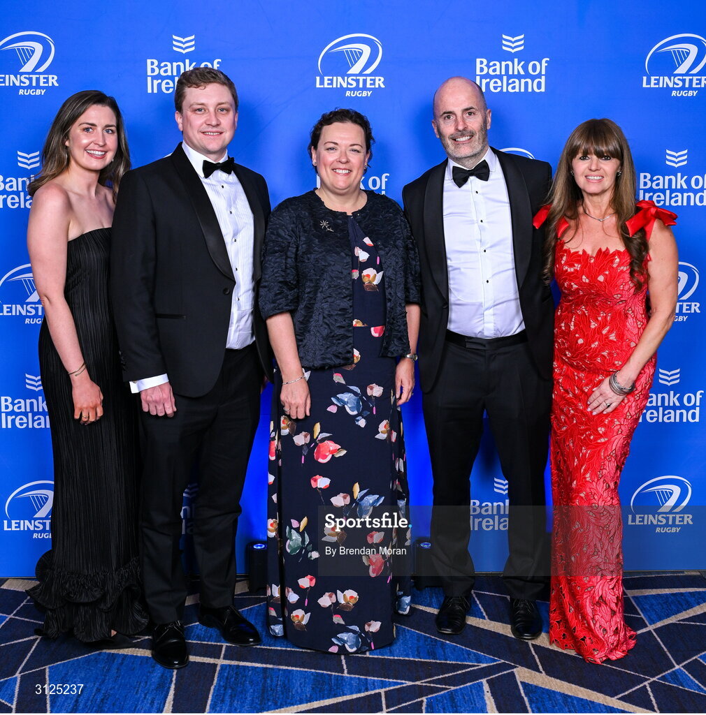 6 May 2025; Bank of Ireland guests, from left, Laura Byrne, Eoin McGirl, Paula Murphy, Dave Moore and Sharon Woods, during the Leinster Rugby awards ball 2025 at O'Reilly Hall in UCD, Dublin. Photo by Brendan Moran/Sportsfile