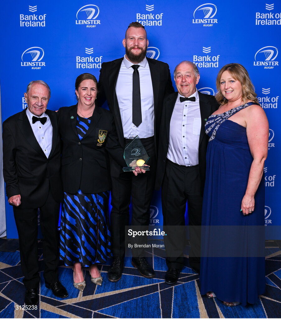 6 May 2025; RG Snyman with embers of Longford Rugby club, from left, Pat Fitzgerald, president Karen Lennon, Pauline Marlowe and Derek Turner during the Leinster Rugby awards ball 2025 at O'Reilly Hall in UCD, Dublin. Photo by Brendan Moran/Sportsfile