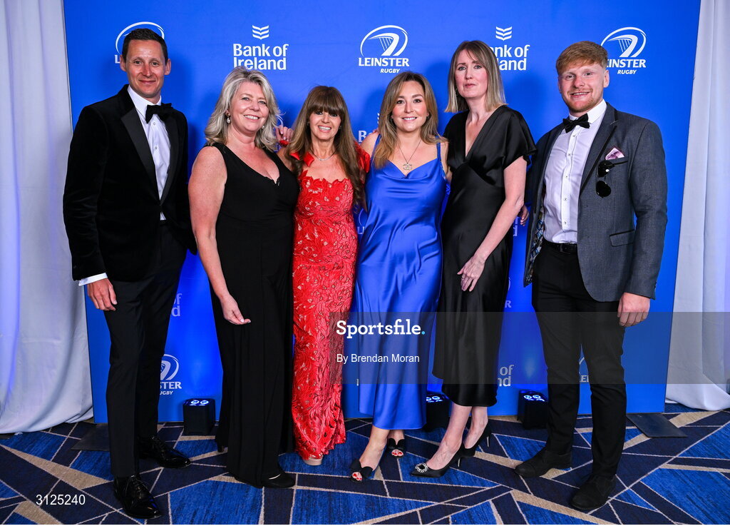 6 May 2025; Bank of Ireland Guests, from left, David Gee, Osna O'Connor, Sharon Woods, Abi England, Michelle Morrisroe and Dominik Morycki during the Leinster Rugby awards ball 2025 at O'Reilly Hall in UCD, Dublin. Photo by Brendan Moran/Sportsfile