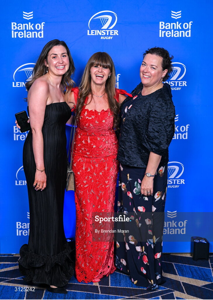 6 May 2025; Bank of Ireland guests, from left, Laura Byrne, Sharon Woods and Paula Murphy during the Leinster Rugby awards ball 2025 at O'Reilly Hall in UCD, Dublin. Photo by Brendan Moran/Sportsfile