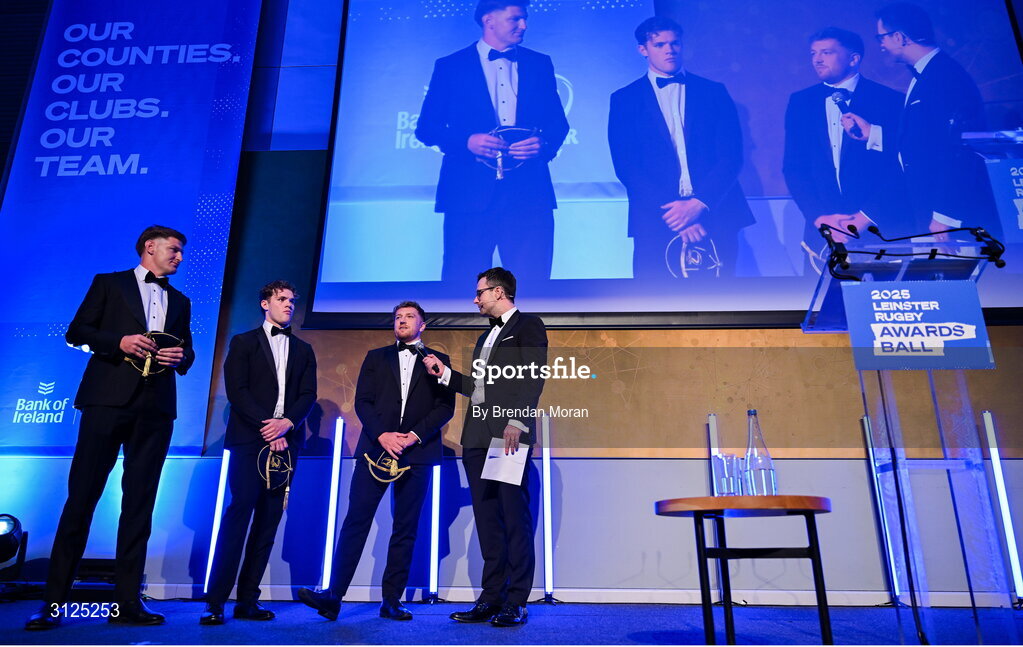 6 May 2025; Departing players, from left, Jordie Barrett, Rob Russell and Liam Turner are interviewed by MC Joe Molloy during the Leinster Rugby awards ball 2025 at O'Reilly Hall in UCD, Dublin. Photo by Brendan Moran/Sportsfile