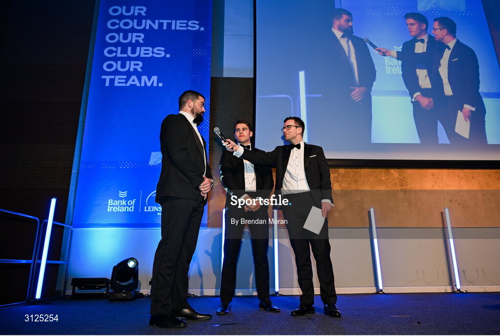 6 May 2025; Departing players Rory McGuire, left, and Aitzol King are interviewed by MC Joe Molloy during the Leinster Rugby awards ball 2025 at O'Reilly Hall in UCD, Dublin. Photo by Brendan Moran/Sportsfile