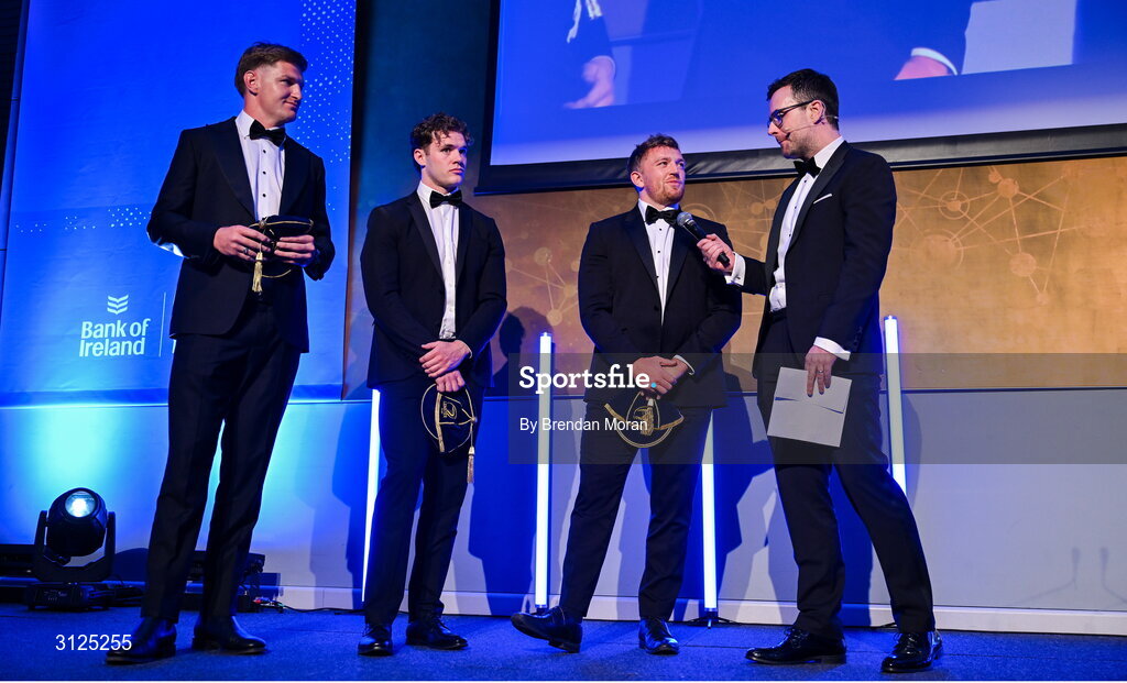 6 May 2025; Departing players, from left, Jordie Barrett, Rob Russell and Liam Turner are interviewed by MC Joe Molloy during the Leinster Rugby awards ball 2025 at O'Reilly Hall in UCD, Dublin. Photo by Brendan Moran/Sportsfile