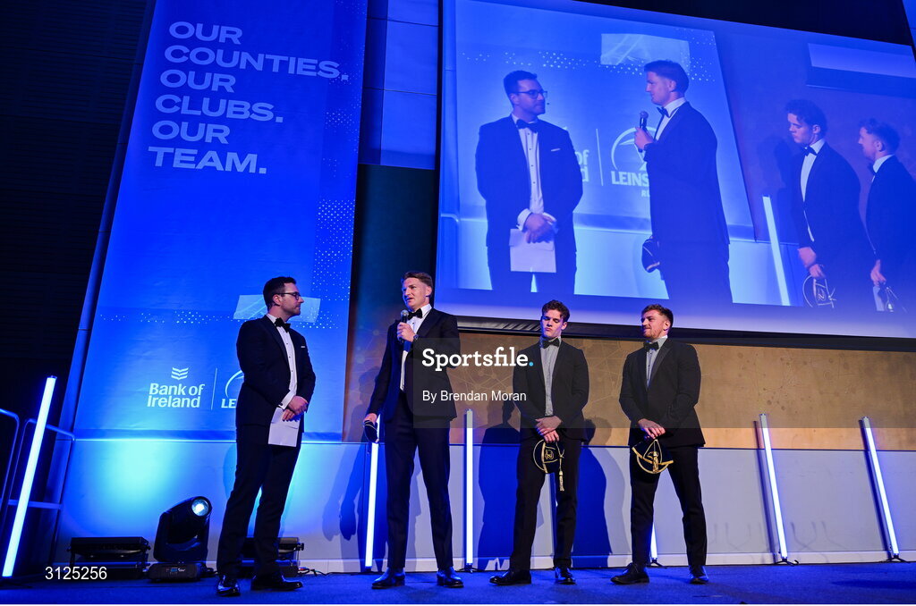 6 May 2025; Departing players, from 2nd left, Jordie Barrett, Rob Russell and Liam Turner are interviewed by MC Joe Molloy during the Leinster Rugby awards ball 2025 at O'Reilly Hall in UCD, Dublin. Photo by Brendan Moran/Sportsfile