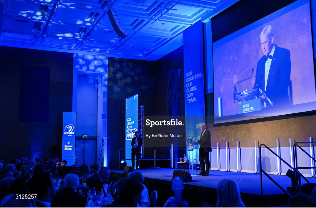 6 May 2025; Leinster Rugby president Declan Gardiner speaks during the Leinster Rugby awards ball 2025 at O'Reilly Hall in UCD, Dublin. Photo by Brendan Moran/Sportsfile