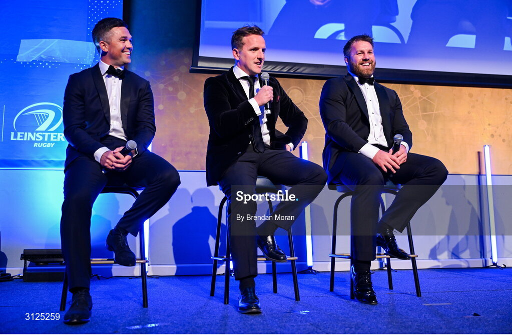 6 May 2025; Former Leinster players Eoin O'Malley, Paul O'Donoghue and Sean O'Brien speak about the retiring Cian Healy during the Leinster Rugby awards ball 2025 at O'Reilly Hall in UCD, Dublin. Photo by Brendan Moran/Sportsfile