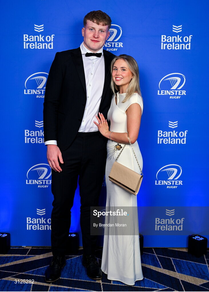 6 May 2025; Conor O'Tighearnaigh and Charlotte Byrne on arrival at the Leinster Rugby awards ball 2025 at O'Reilly Hall in UCD, Dublin. Photo by Brendan Moran/Sportsfile