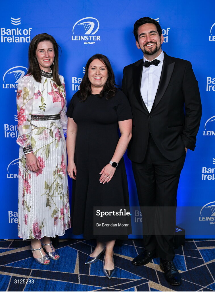6 May 2025; Emer McGuirk, left, Fiona Askin and Malcolm Mitchell on arrival at the Leinster Rugby awards ball 2025 at O'Reilly Hall in UCD, Dublin. Photo by Brendan Moran/Sportsfile
