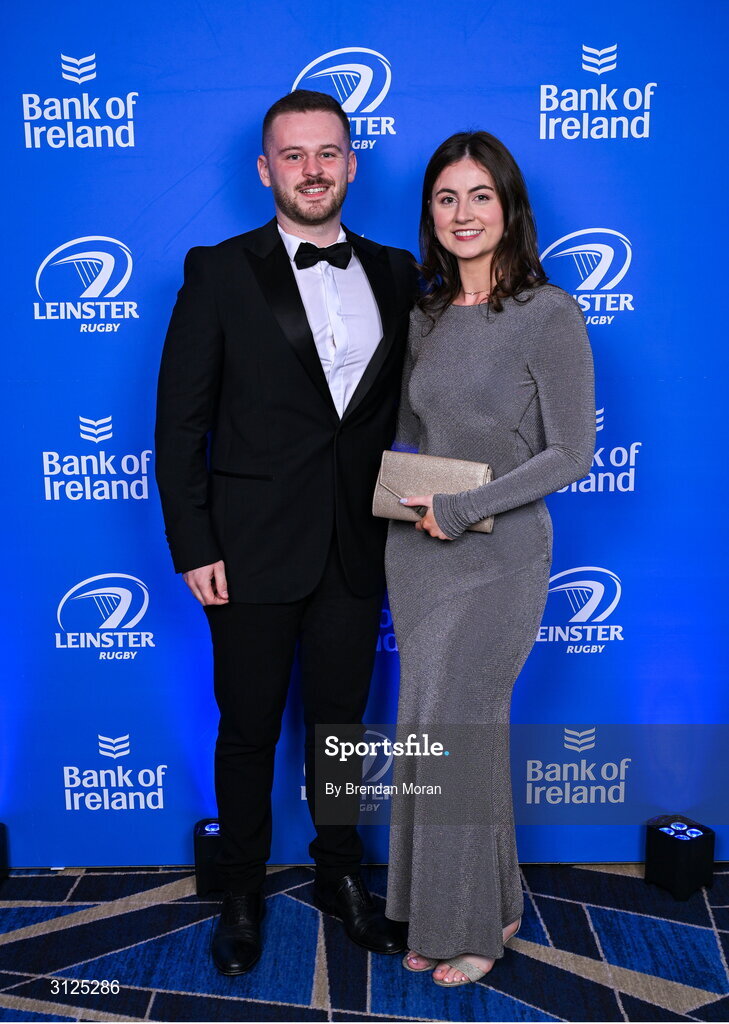 6 May 2025; Stuart Fitzpatrick and Rebecca Tighe on arrival at the Leinster Rugby awards ball 2025 at O'Reilly Hall in UCD, Dublin. Photo by Brendan Moran/Sportsfile