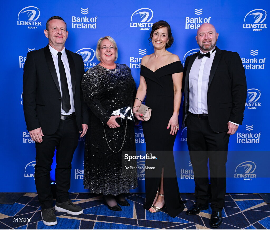 6 May 2025; Gafyn and Deirdre Cooper, left, and Noelle and Jim Bastick on arrival the Leinster Rugby awards ball 2025 at O'Reilly Hall in UCD, Dublin. Photo by Brendan Moran/Sportsfile