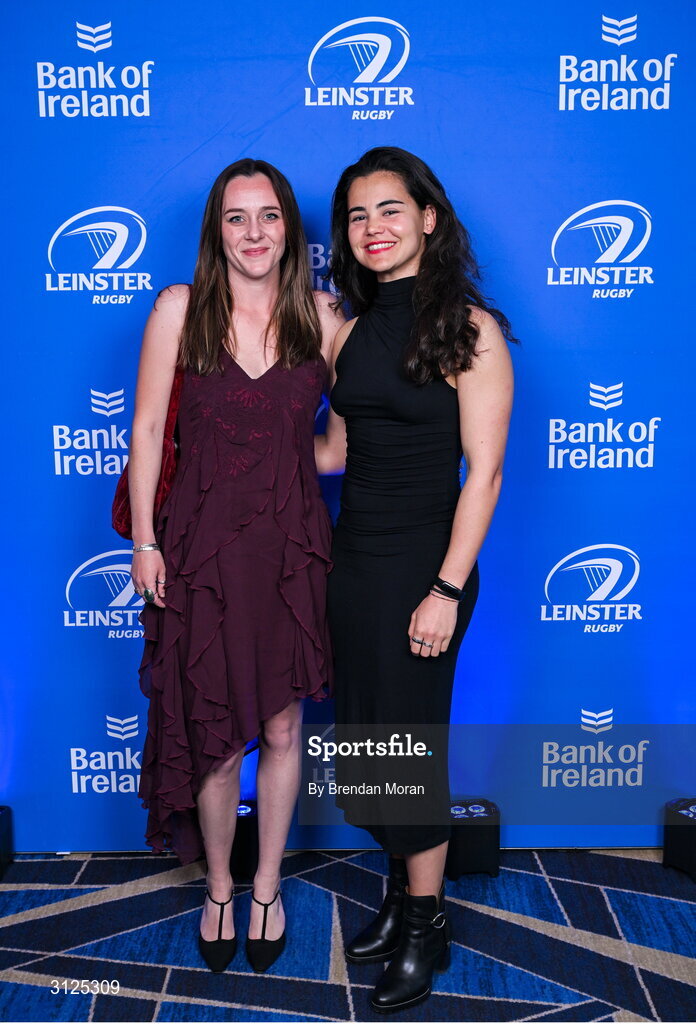 6 May 2025; Zoe Fryday, left, and Beatriz Pastora Linares on arrival at the Leinster Rugby awards ball 2025 at O'Reilly Hall in UCD, Dublin. Photo by Brendan Moran/Sportsfile