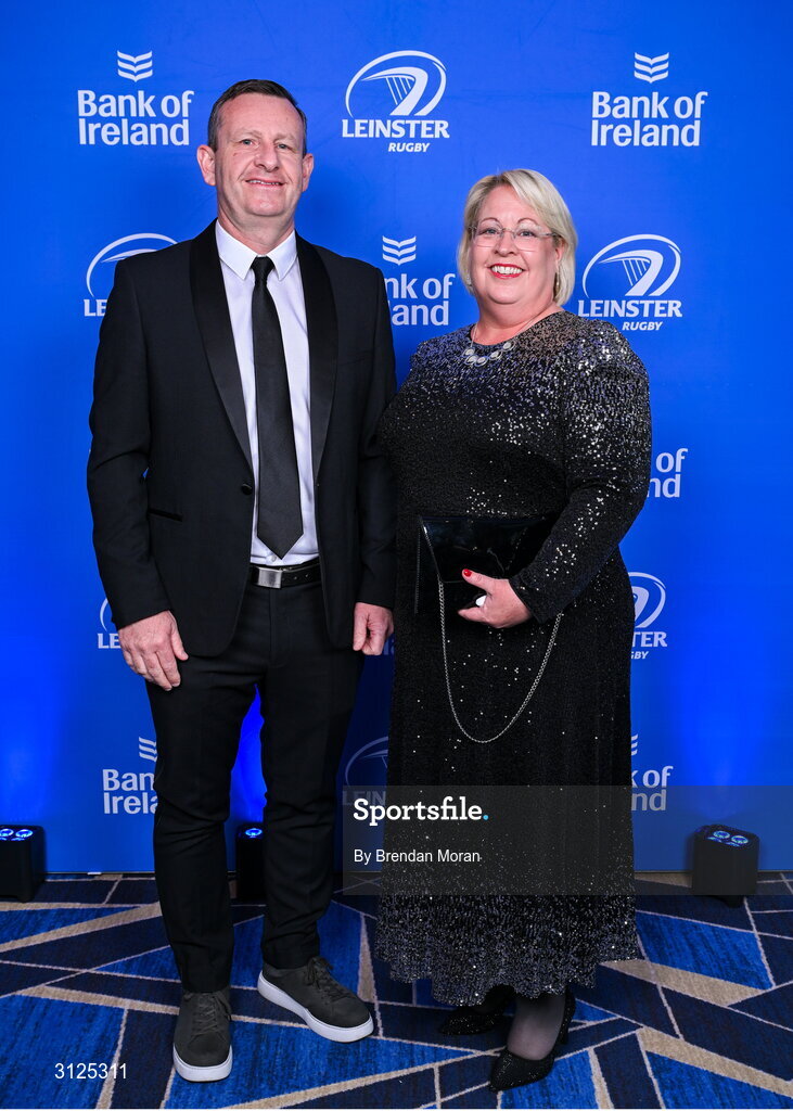 6 May 2025; Gafyn and Deirdre Cooper on arrival the Leinster Rugby awards ball 2025 at O'Reilly Hall in UCD, Dublin. Photo by Brendan Moran/Sportsfile
