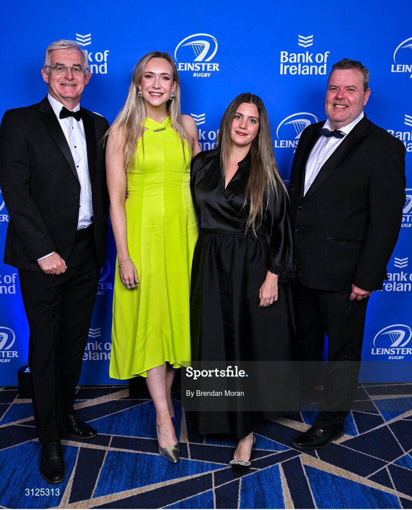 6 May 2025; Energia guests, from left, Gary Ryan, Lorna Danaher, Rebecca Boetti and Geoff Codd on arrival during the Leinster Rugby awards ball 2025 at O'Reilly Hall in UCD, Dublin. Photo by Brendan Moran/Sportsfile