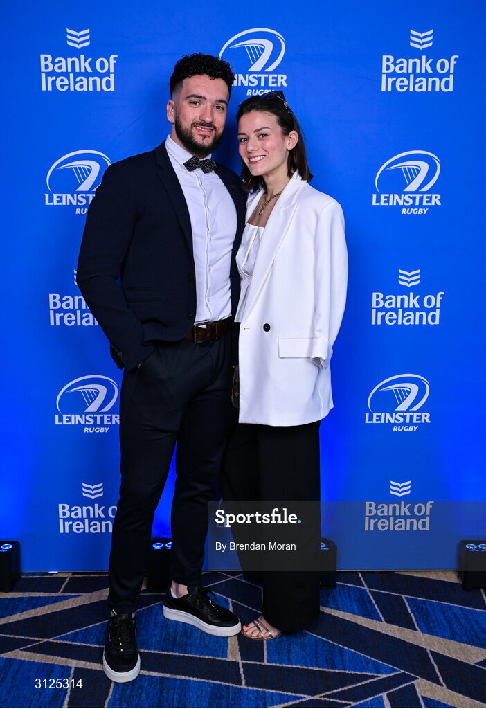 6 May 2025; Bernardo Santos and Maissa Ramahi on arrival during the Leinster Rugby awards ball 2025 at O'Reilly Hall in UCD, Dublin. Photo by Brendan Moran/Sportsfile