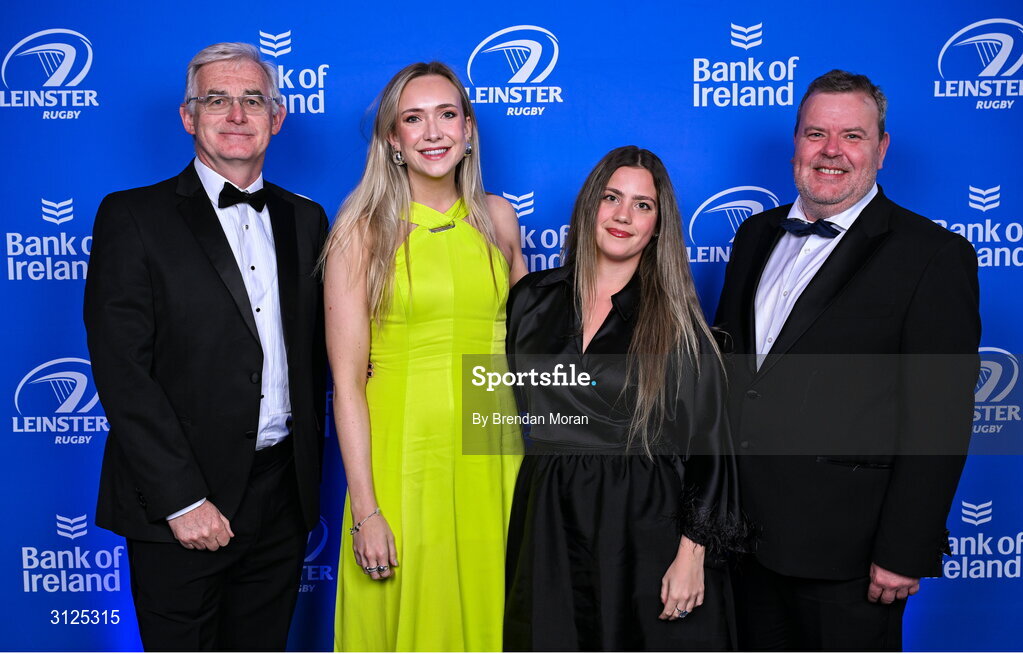 6 May 2025; Energia guests, from left, Gary Ryan, Lorna Danaher, Rebecca Boetti and Geoff Codd on arrival during the Leinster Rugby awards ball 2025 at O'Reilly Hall in UCD, Dublin. Photo by Brendan Moran/Sportsfile