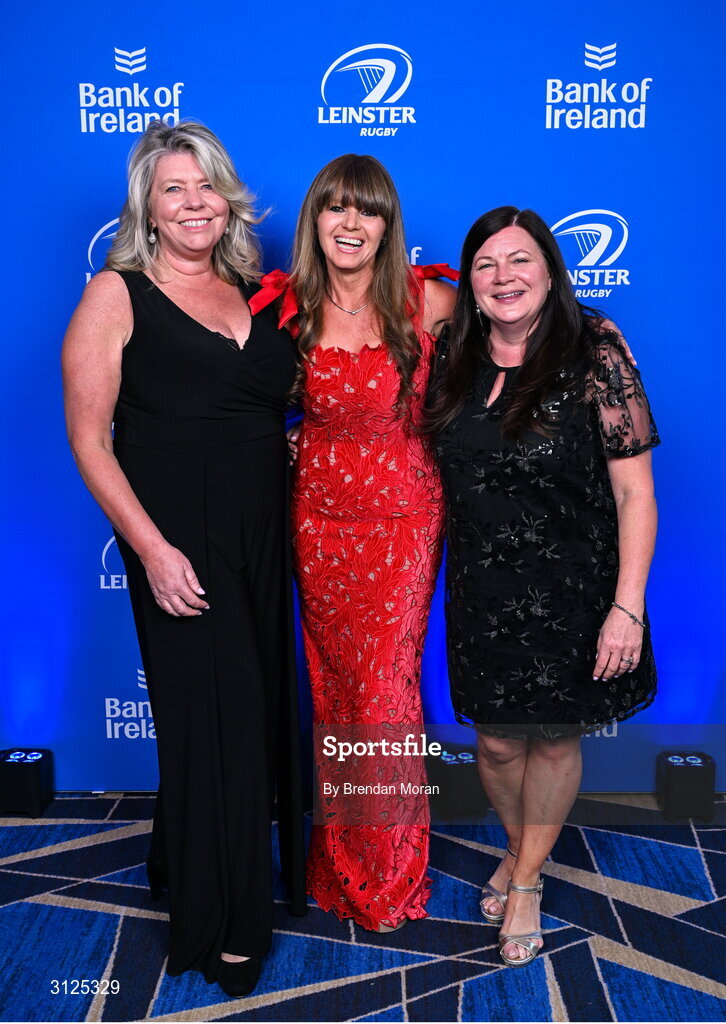 6 May 2025; Osna O'Connor, Sharon Woods and Beibhinn Dunne on arrival during the Leinster Rugby awards ball 2025 at O'Reilly Hall in UCD, Dublin. Photo by Brendan Moran/Sportsfile