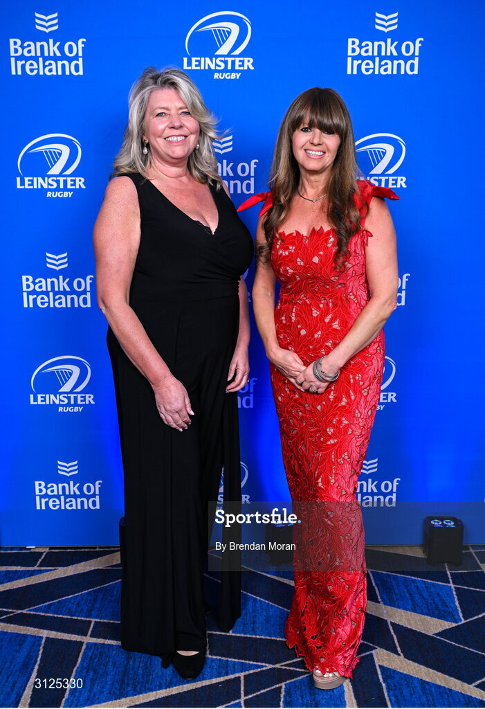 6 May 2025; Osna O'Connor, left, and Sharon Woods on arrival during the Leinster Rugby awards ball 2025 at O'Reilly Hall in UCD, Dublin. Photo by Brendan Moran/Sportsfile
