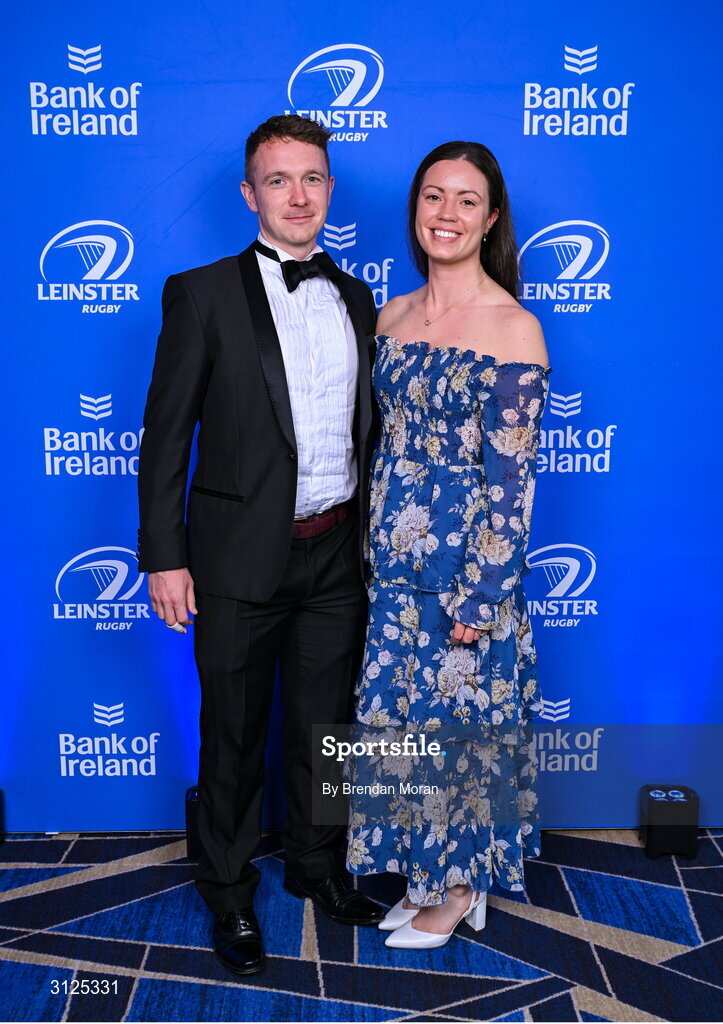 6 May 2025; Eoghan Hickey and Phyllida Frostick on arrival during the Leinster Rugby awards ball 2025 at O'Reilly Hall in UCD, Dublin. Photo by Brendan Moran/Sportsfile