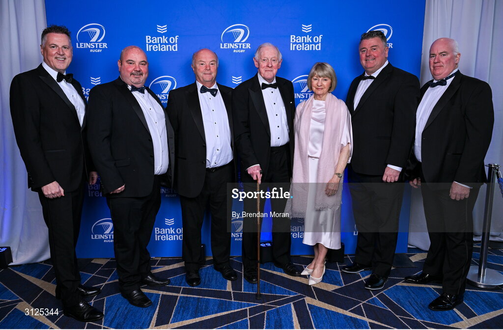 6 May 2025; Guests, from left, Gerry Niland, Brian Leach, Noel Dillon, Paul and Joyce Deering, Sean Kirby and Kevin Loftus on arrival at the Leinster Rugby awards ball 2025 at O'Reilly Hall in UCD, Dublin. Photo by Brendan Moran/Sportsfile