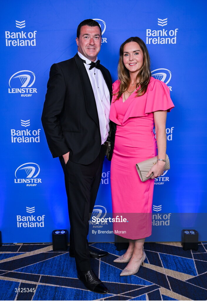 6 May 2025; Noel Anderson and Laura Moriarty on arrival at the Leinster Rugby awards ball 2025 at O'Reilly Hall in UCD, Dublin. Photo by Brendan Moran/Sportsfile