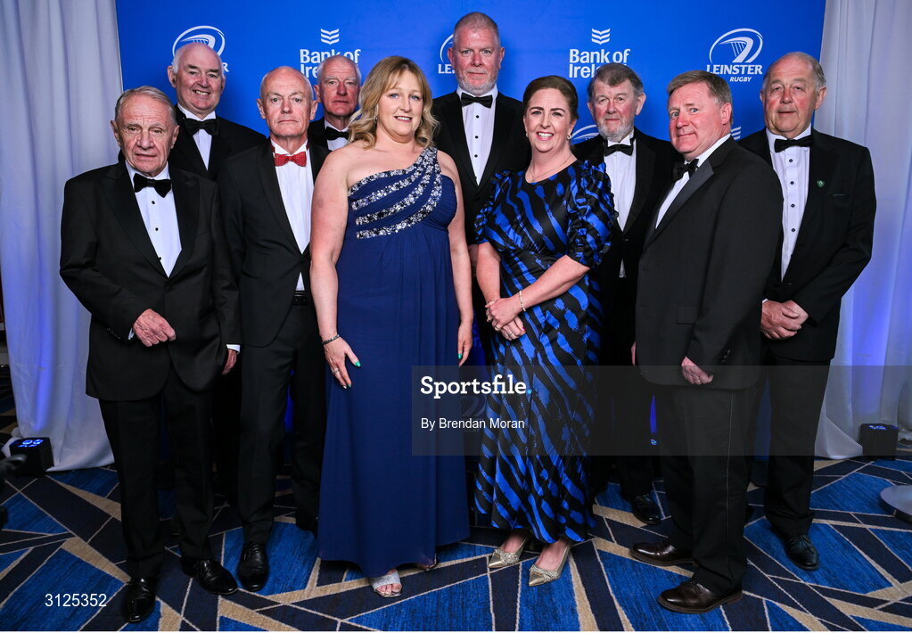 6 May 2025; Longford Rugby club members, from left, Pat Fitzgerald, chairperson Mike McGann, Derek Carthy, past president Tony Headen, Pauline Marlowe, vice president Mark Quinn, president Karen Lennon, trustee Warren Turner, referee co-ordinator Trevor McHugh and Derek Turner on arrival at the Leinster Rugby awards ball 2025 at O'Reilly Hall in UCD, Dublin. Photo by Brendan Moran/Sportsfile