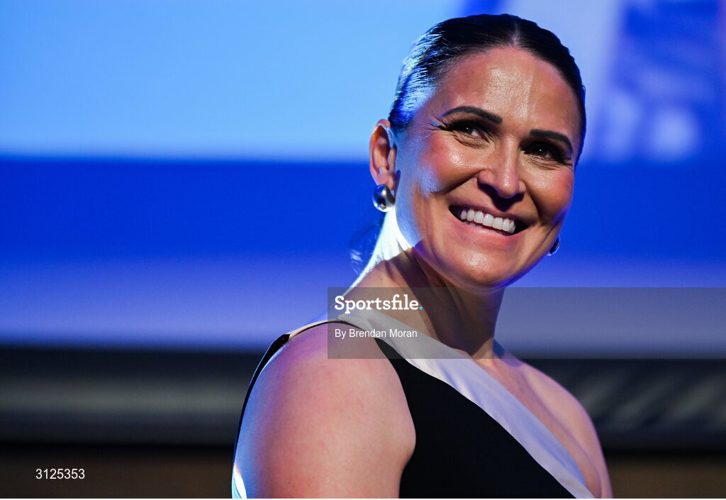 6 May 2025; Tania Rosser is interviewed during the Leinster Rugby awards ball 2025 at O'Reilly Hall in UCD, Dublin. Photo by Brendan Moran/Sportsfile