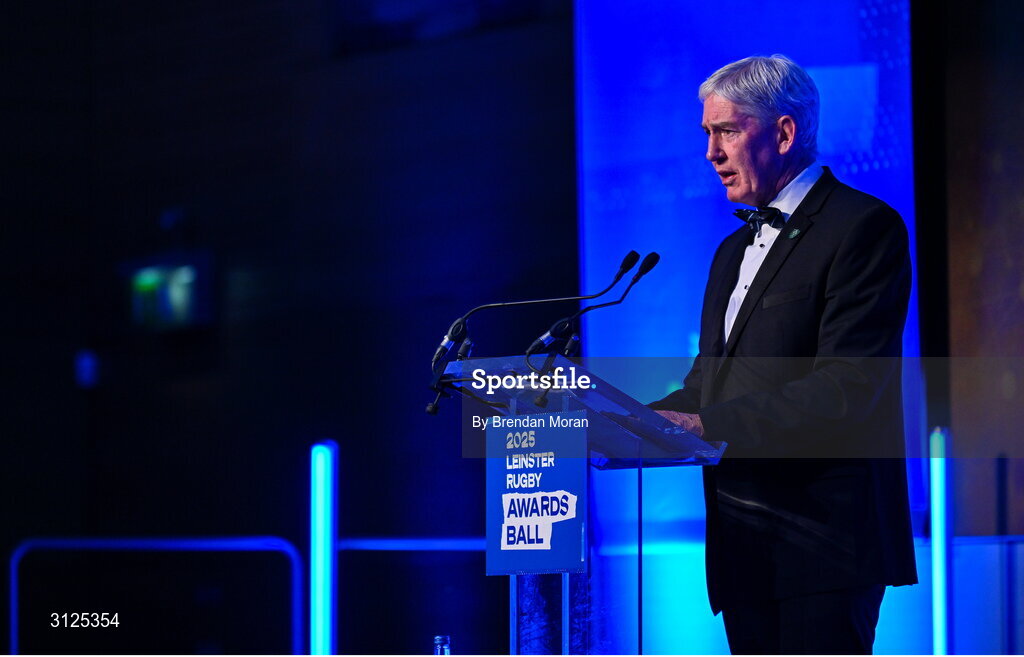 6 May 2025; Leinster Rugby president Declan Gardiner speaks during the Leinster Rugby awards ball 2025 at O'Reilly Hall in UCD, Dublin. Photo by Brendan Moran/Sportsfile