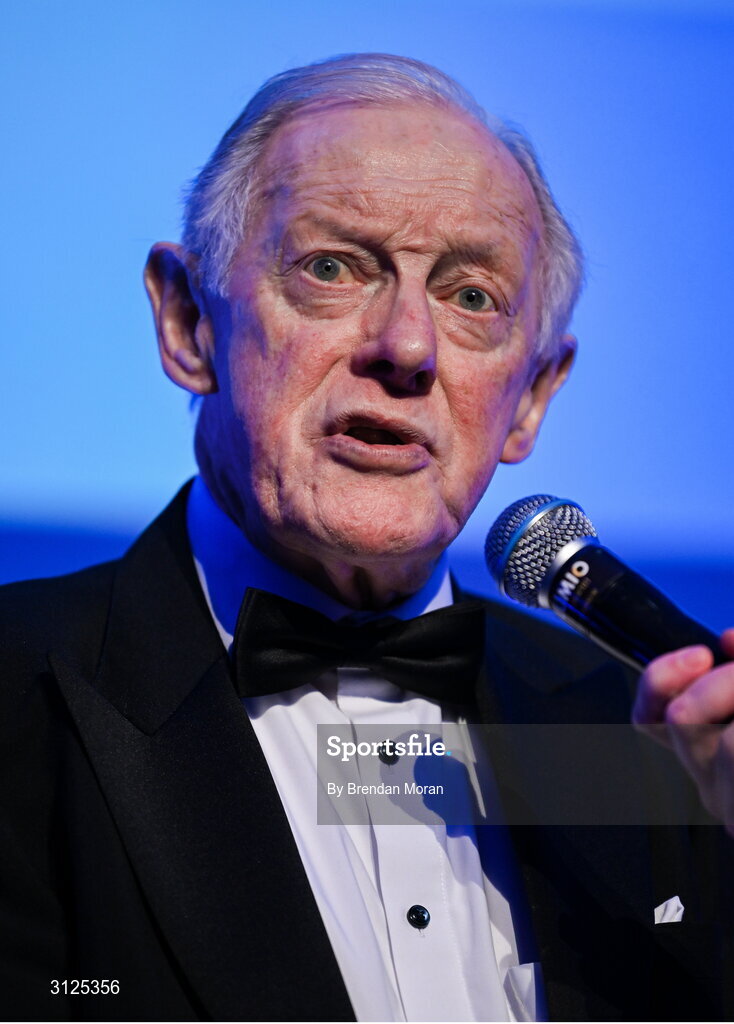 6 May 2025; Former Leinster Rugby president Paul Deering is interviewed during the Leinster Rugby awards ball 2025 at O'Reilly Hall in UCD, Dublin. Photo by Brendan Moran/Sportsfile