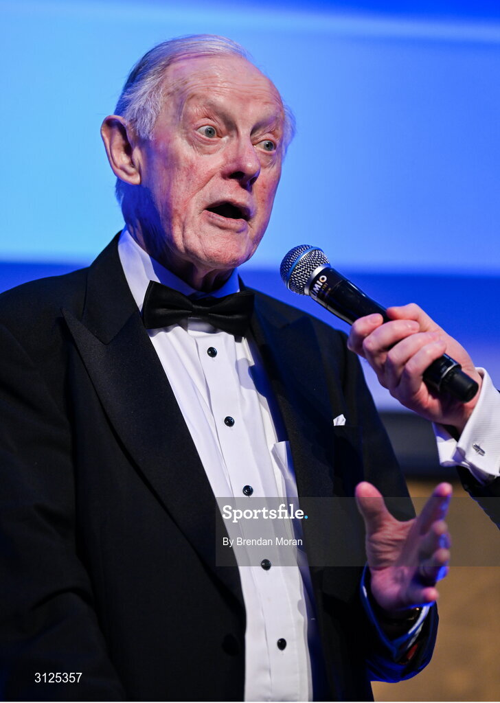 6 May 2025; Former Leinster Rugby president Paul Deering is interviewed during the Leinster Rugby awards ball 2025 at O'Reilly Hall in UCD, Dublin. Photo by Brendan Moran/Sportsfile