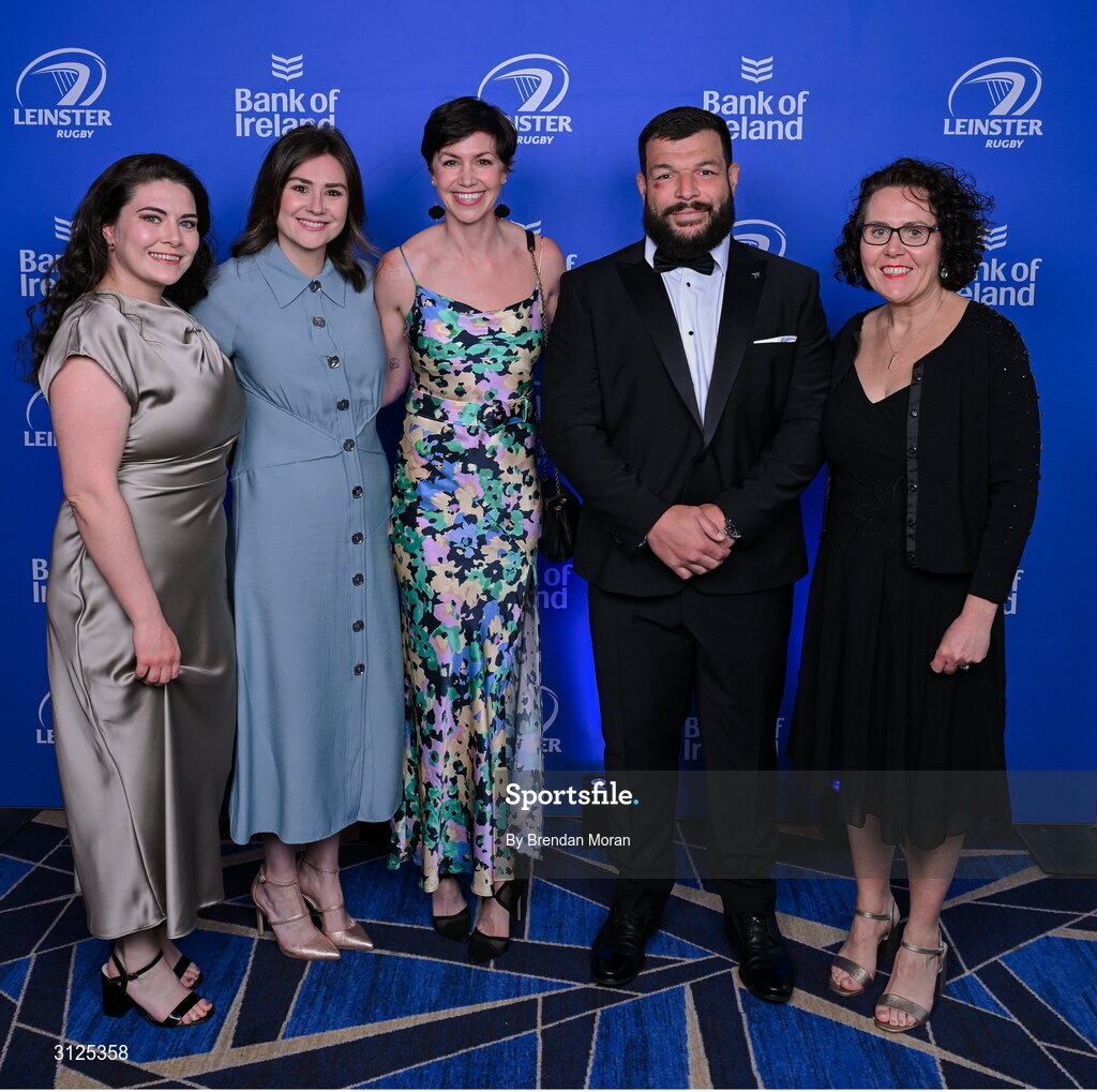 6 May 2025; Leinster staff, from left, Niamh Kelly, Helen Geoghegan, Sinead Doherty and Claire Kilcline with Rabah Slimani on arrival at the Leinster Rugby awards ball 2025 at O'Reilly Hall in UCD, Dublin. Photo by Brendan Moran/Sportsfile