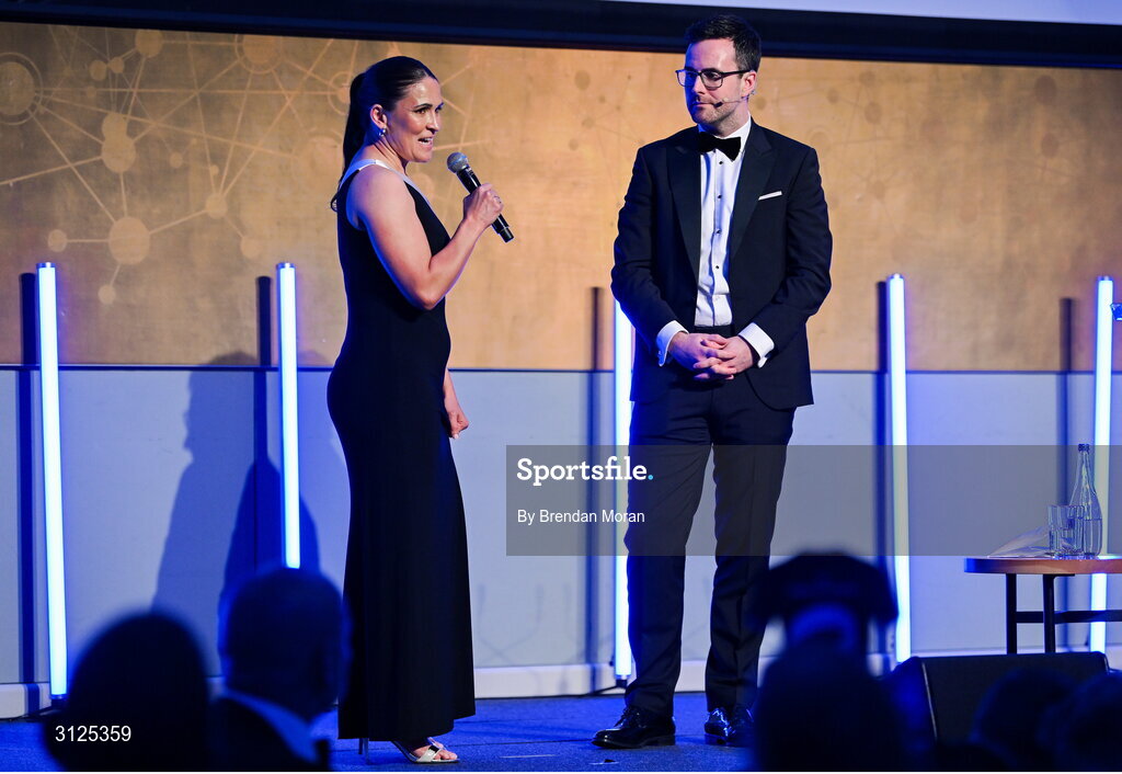 6 May 2025; Tania Rosser is interviewed by MC Joe Molloy during the Leinster Rugby awards ball 2025 at O'Reilly Hall in UCD, Dublin. Photo by Brendan Moran/Sportsfile