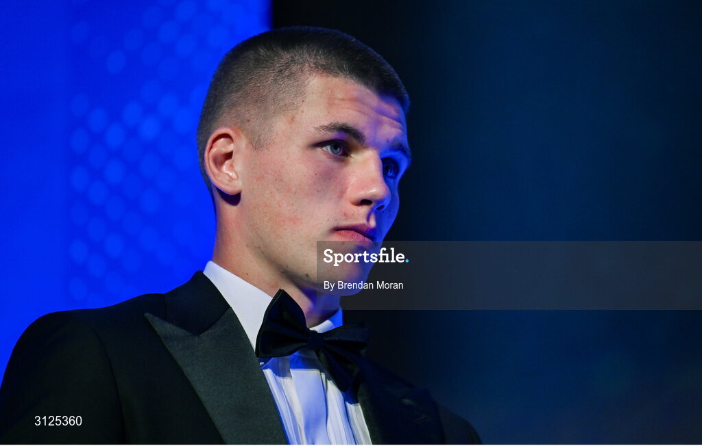 6 May 2025; Sam Prendergast during the Leinster Rugby awards ball 2025 at O'Reilly Hall in UCD, Dublin. Photo by Brendan Moran/Sportsfile