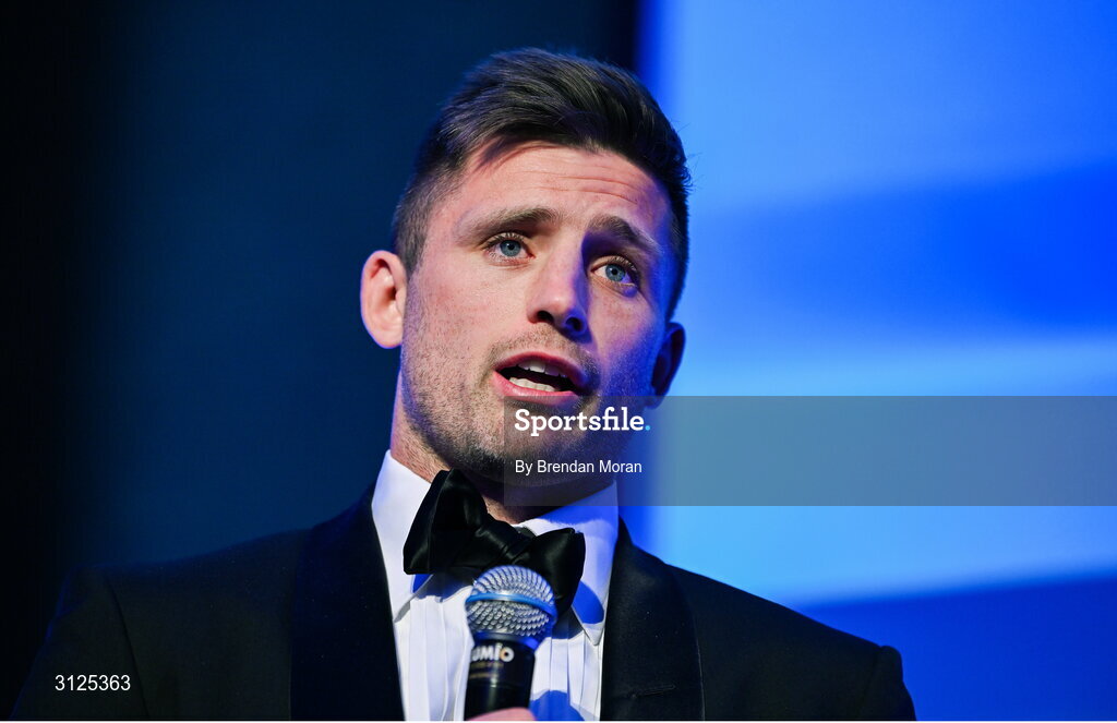 6 May 2025; Ross Byrne is interviewed by MC Joe Molloy during the Leinster Rugby awards ball 2025 at O'Reilly Hall in UCD, Dublin. Photo by Brendan Moran/Sportsfile