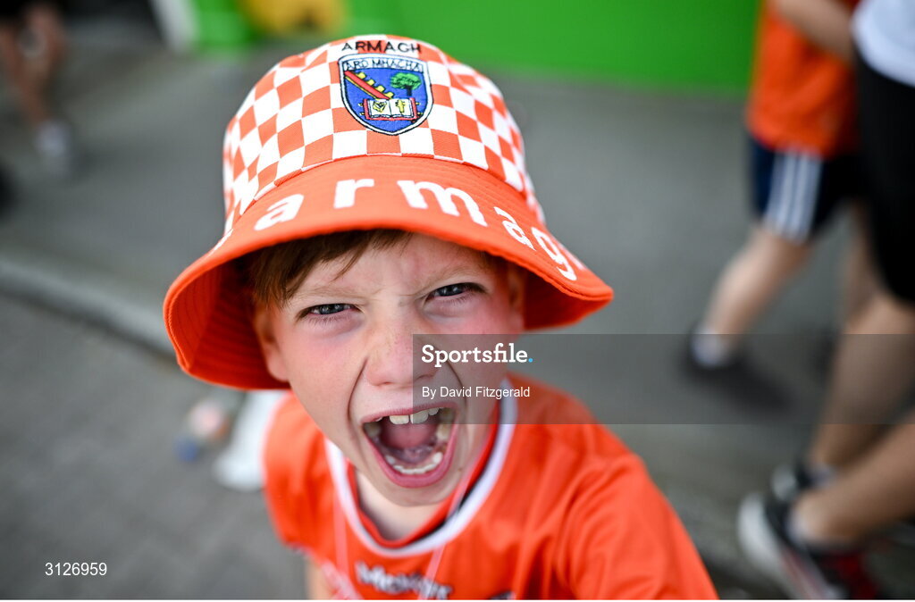 10 May 2025; Armagh supporter James Scullion, age 8, from Lurgan before the Ulster GAA Football Senior Championship final match between Armagh and Donegal at St Tiernach's Park in Clones, Monaghan. Photo by David Fitzgerald/Sportsfile