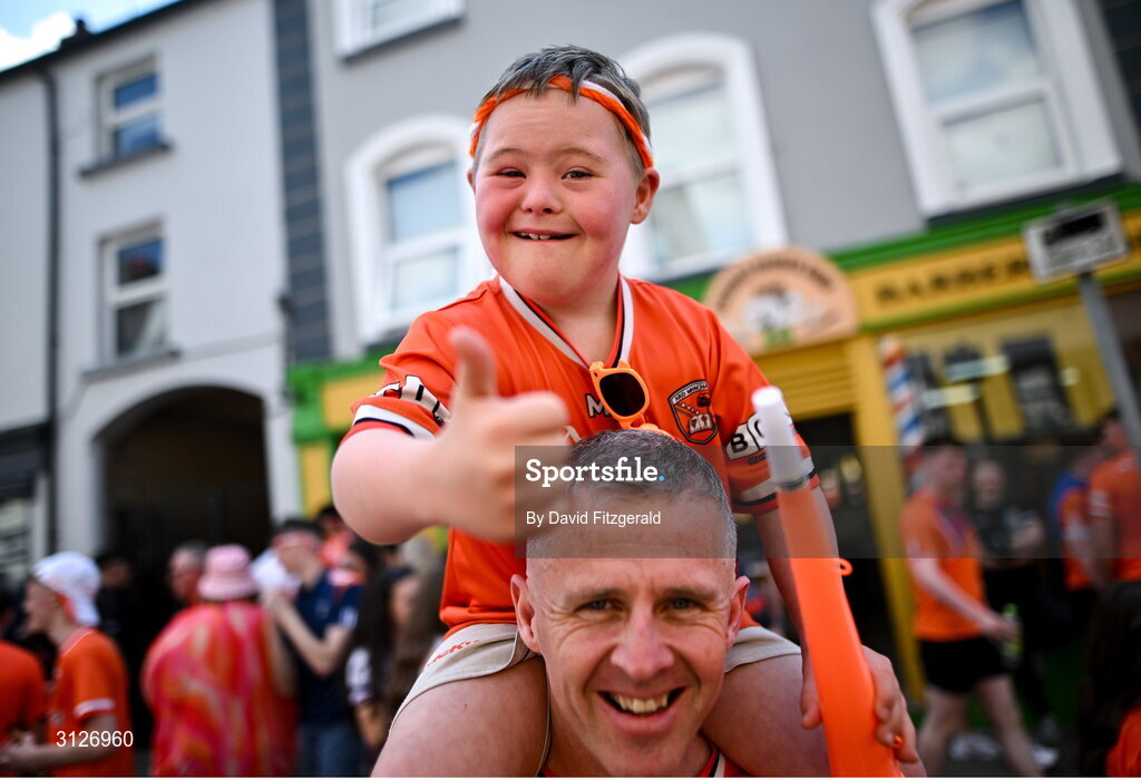 10 May 2025; Armagh supporter Daire Mallon, age 7, before the Ulster GAA Football Senior Championship final match between Armagh and Donegal at St Tiernach's Park in Clones, Monaghan. Photo by David Fitzgerald/Sportsfile