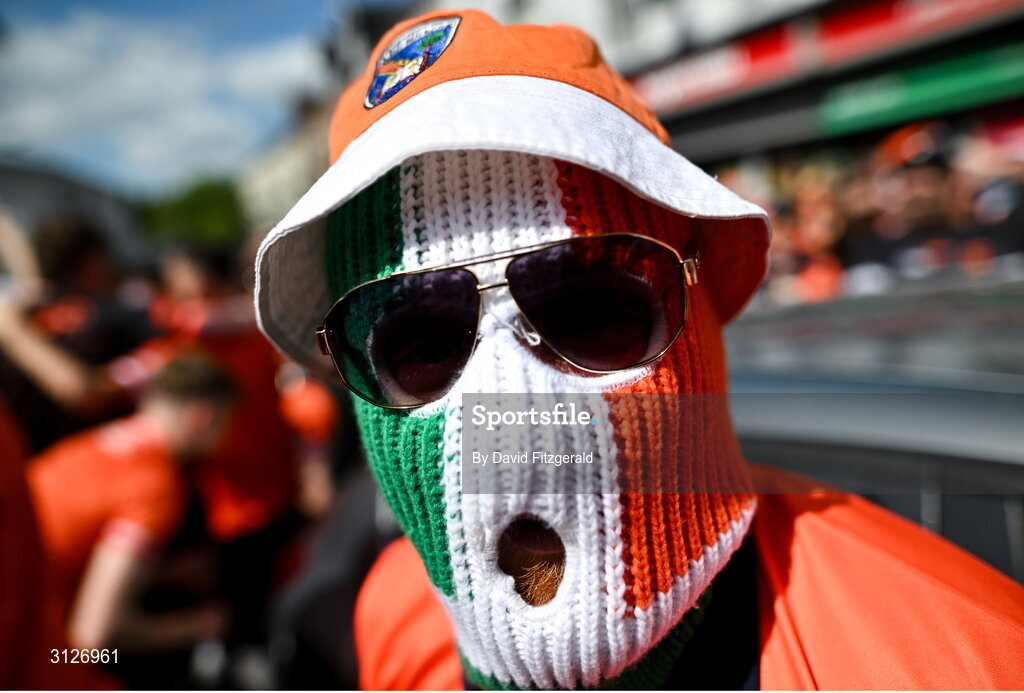 10 May 2025; An Armagh supporter before the Ulster GAA Football Senior Championship final match between Armagh and Donegal at St Tiernach's Park in Clones, Monaghan. Photo by David Fitzgerald/Sportsfile