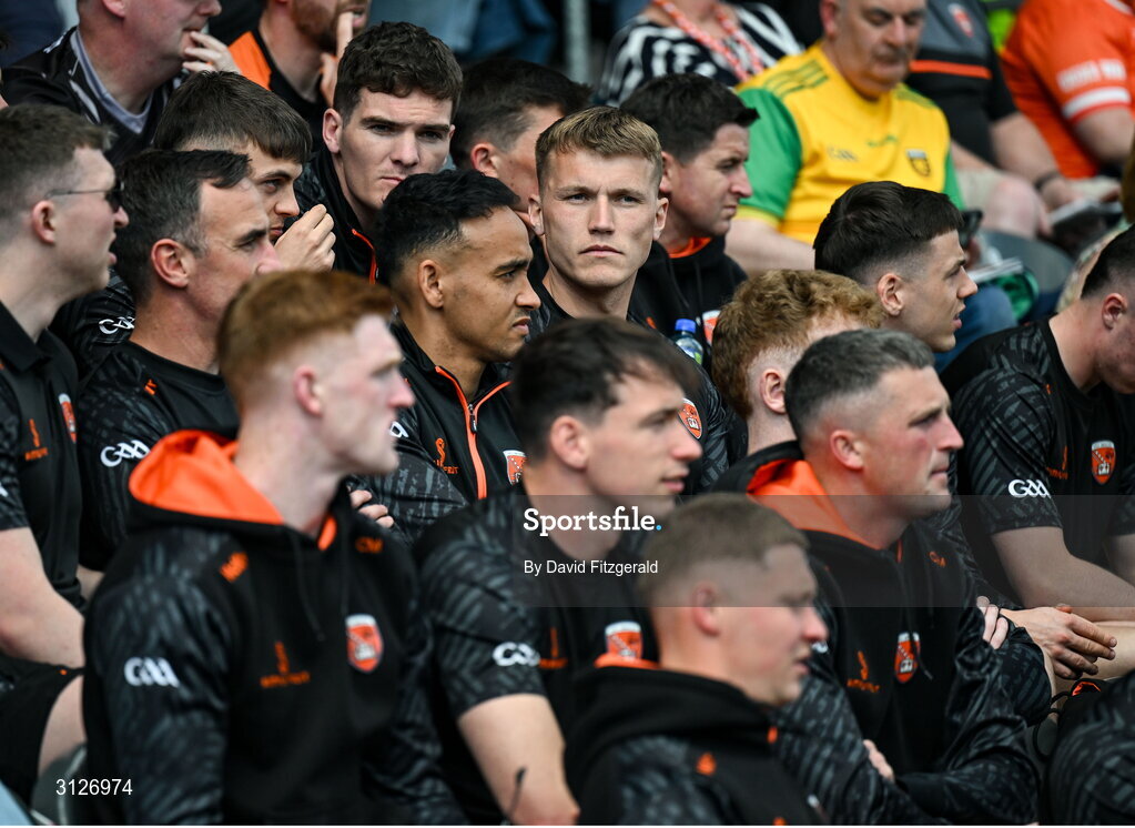 10 May 2025; Rian O'Neill of Armagh, centre, watches the ladies final with team mates before the Ulster GAA Football Senior Championship final match between Armagh and Donegal at St Tiernach's Park in Clones, Monaghan. Photo by David Fitzgerald/Sportsfile