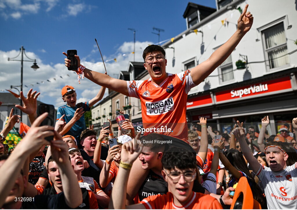 10 May 2025; Armagh supporters before the Ulster GAA Football Senior Championship final match between Armagh and Donegal at St Tiernach's Park in Clones, Monaghan. Photo by David Fitzgerald/Sportsfile
